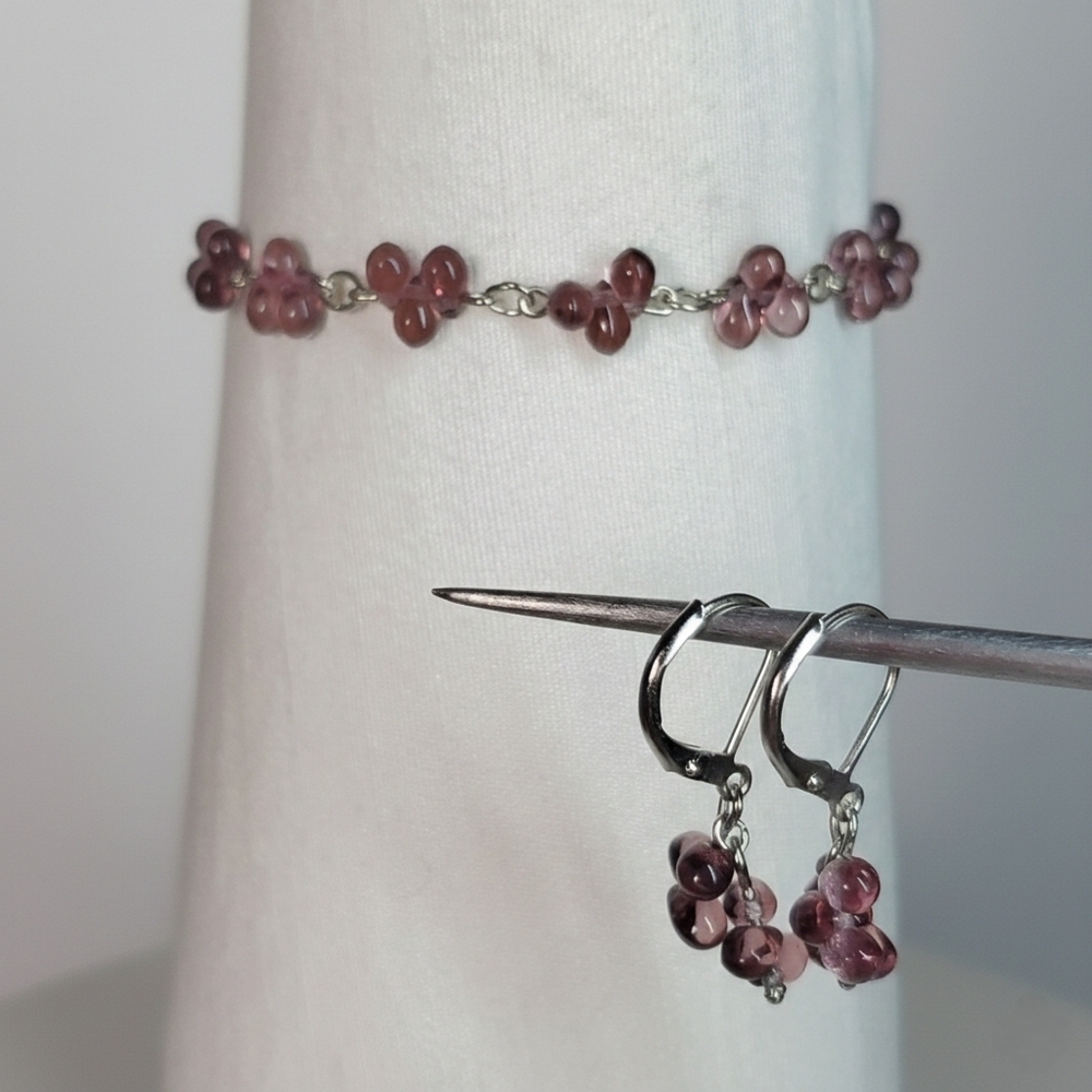 Bracelet & Earrings NEW Rhodium Plated Purple Glass Teardrop Beads Lever Vintage